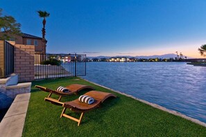 Terrace/patio - Luxe Lakefront Villa: Views, Heated Pool & Games (Indio)