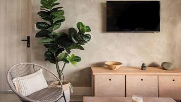 A modern living room with a large plant, a wicker chair, a wooden cabinet, and a TV mounted on the wall.