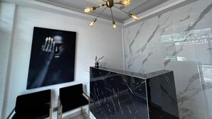 Una habitación moderna con un mueble negro de espejo, una silla negra y una lámpara en el techo.