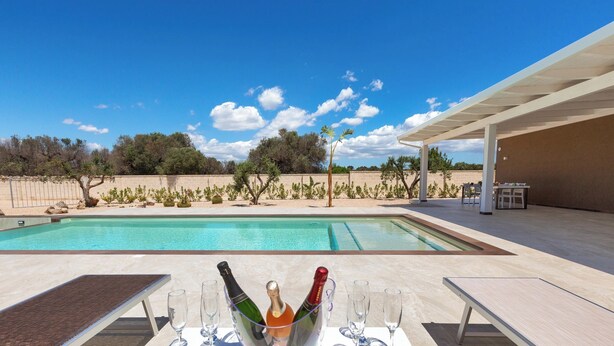 Zona de piscina al aire libre con una mesa preparada para una celebración, con botellas de champán y copas.