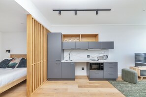 A compact room with a bed, kitchenette, and a TV.
