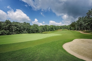 A golf course with a well-maintained green, sand bunkers, and dense trees in the background. - Cloudland Mclemore Resort Lookout Mountain Curio (Rising Fawn)