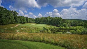 Un parcours de golf avec un étang, entouré d’une forêt dense et sous un ciel dégagé.