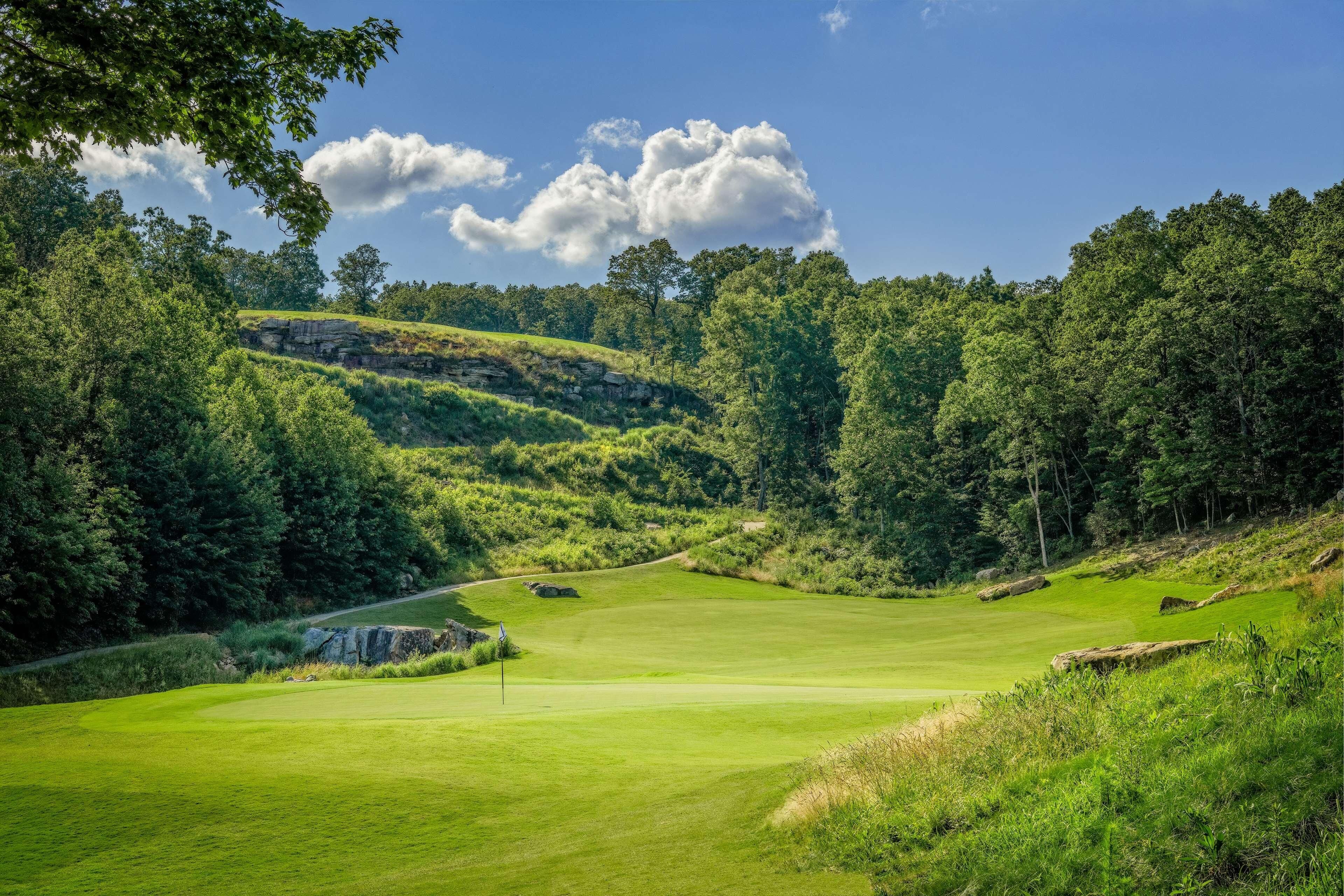 A golf course with a flagstick, surrounded by dense forest and rolling hills.