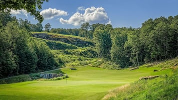 A golf course with a flagstick, surrounded by dense forest and rolling hills.