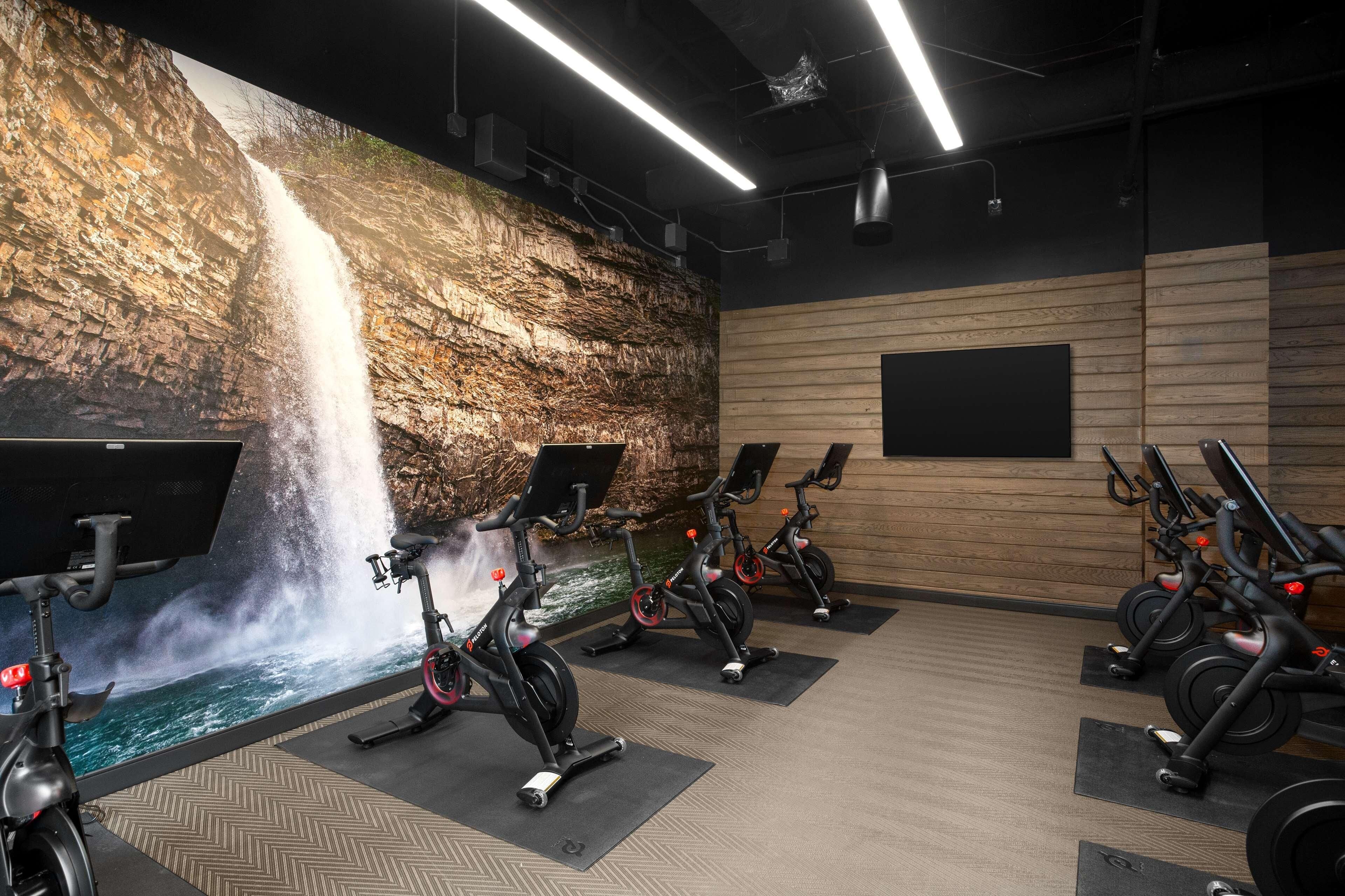 A gym with stationary bikes, a large wall mural of a waterfall, and wooden paneling.