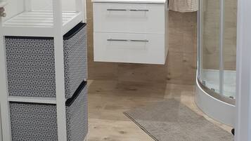 Hair dryer, towels, toilet paper
