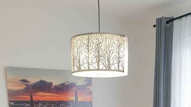 Een net opgemaakt bed met een grijze deken en meerdere kussens, een hanglamp met een boommotief, en een stadsgezichtschilderij aan de muur.