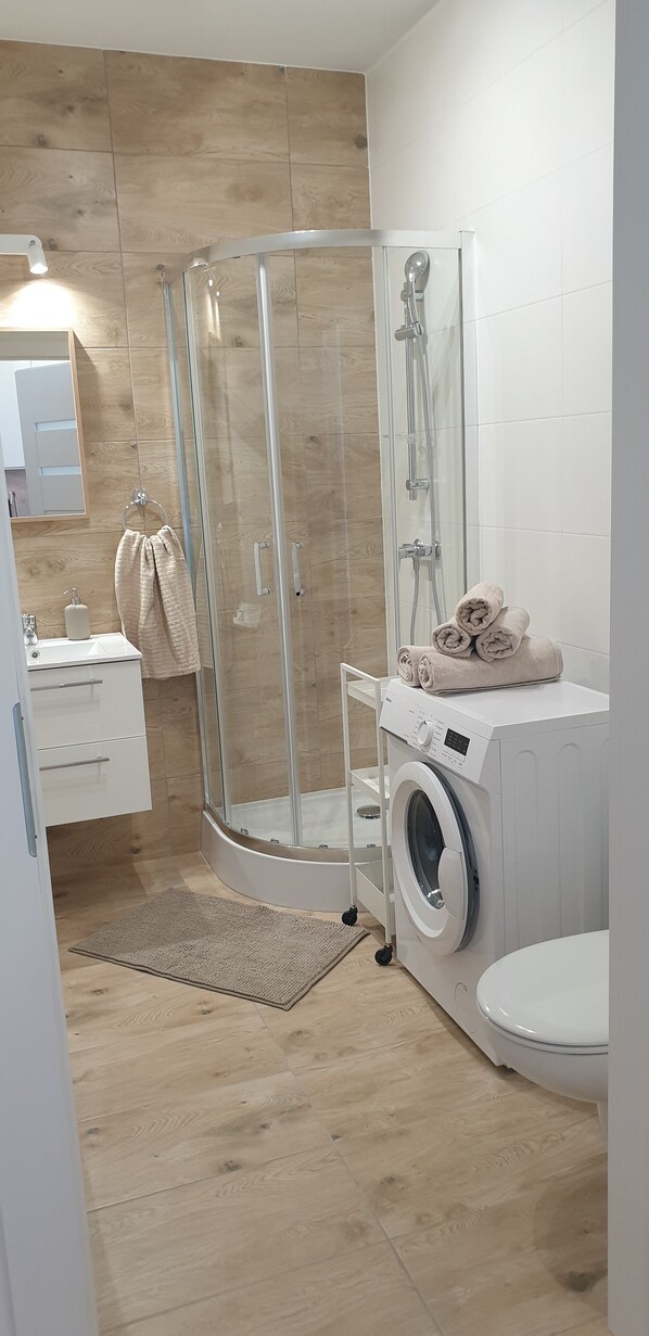 Hair dryer, towels, toilet paper