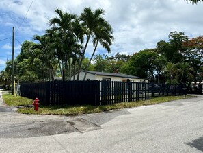 A residential area with a fenced property, a red fire hydrant, and palm trees.