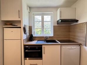 A compact kitchen with a built-in oven, a dishwasher, a sink, and a window with a view of a snowy landscape. - Duplex 40m2. Balcon. Parking. 5P (Cauterets)