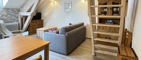 Une pièce de style « loft », avec un plafond en bois, un canapé, une table et une bibliothèque intégrée en bois.