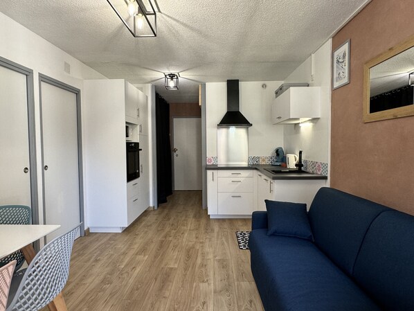 A compact living space with a kitchenette, a dining area, and a sofa.
