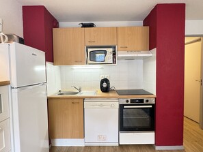 A compact kitchen with a microwave, oven, dishwasher, and a sink. - 100m télécabine ou commerces. 4P (Cauterets)