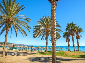 A beach with palm trees, beach umbrellas, and lounge chairs.