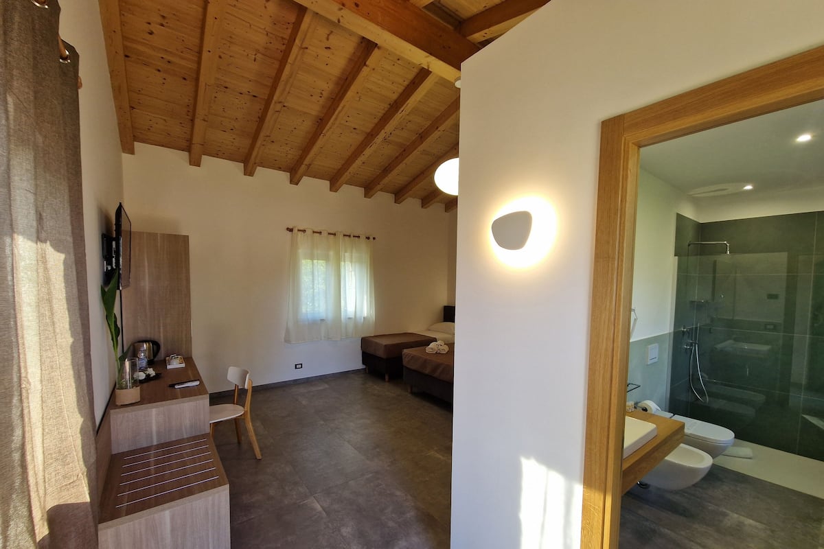 A modern room with a wooden ceiling, a seating area with a sofa and a chair, a small table with a plant, and a bathroom with a glass shower enclosure.
