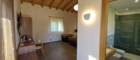 A modern room with a wooden ceiling, a seating area with a sofa and a chair, a small table with a plant, and a bathroom with a glass shower enclosure.