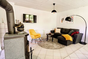 Smart TV, chimenea y libros 