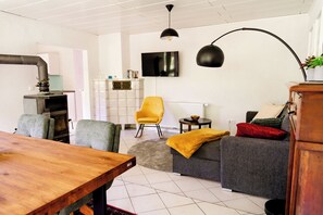 Smart TV, chimenea y libros 