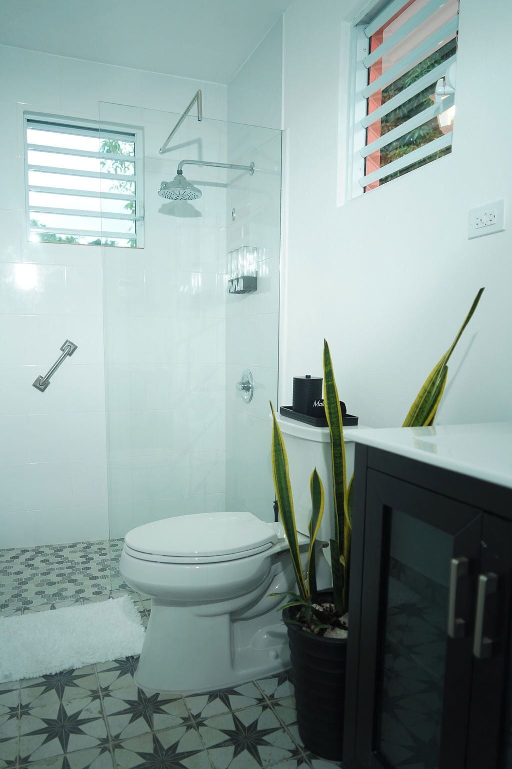 Un baño moderno con cabina de ducha de vidrio, inodoro y zona de lavamanos con una planta en maceta.