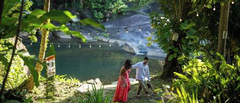A natural setting with a water body, greenery, and string lights.