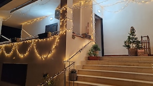 A staircase with string lights, a small Christmas tree, and potted plants.