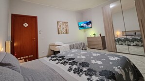 A bedroom with a bed, a television, a wardrobe, and a door.