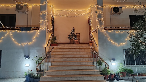 A staircase leading to a covered entrance with string lights and potted plants.