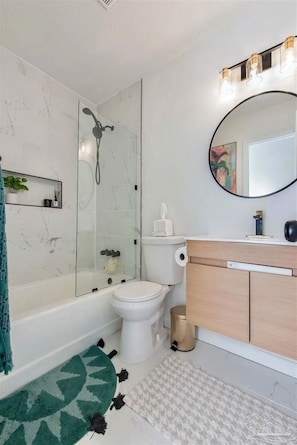 Hair dryer, towels, soap, shampoo
