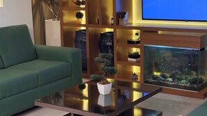 A modern living room with a green sofa, a glass coffee table, a TV, and a fish tank. - Hotel Imperatriz (Telemaco Borba)