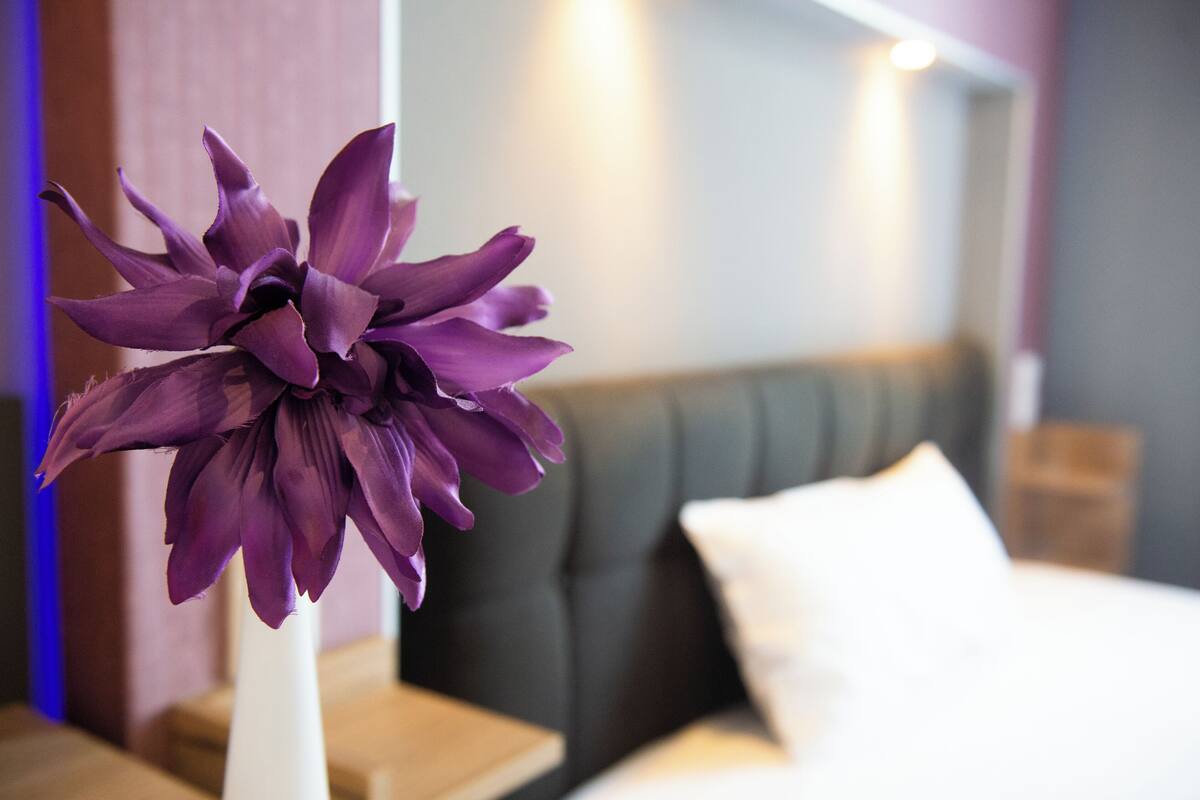 A room with a bed, a grey upholstered headboard, and a white pillow.