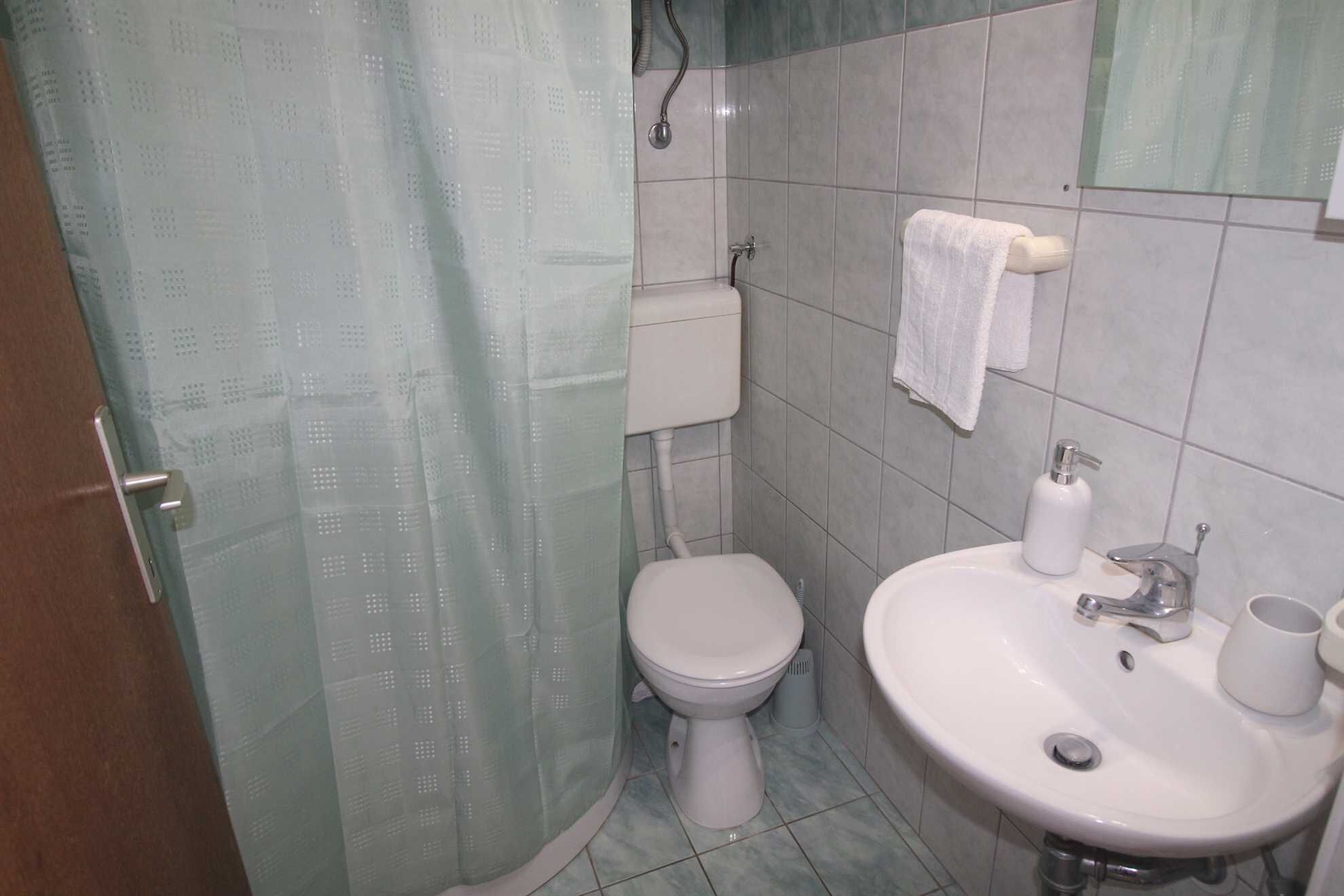 Une salle de bain équipée de toilettes, d’un lavabo et d’un rideau de douche.