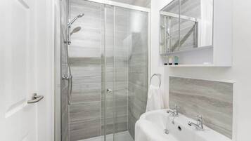 Shower, hair dryer, shampoo