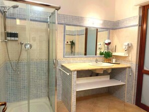 Shower, hair dryer, bidet, towels