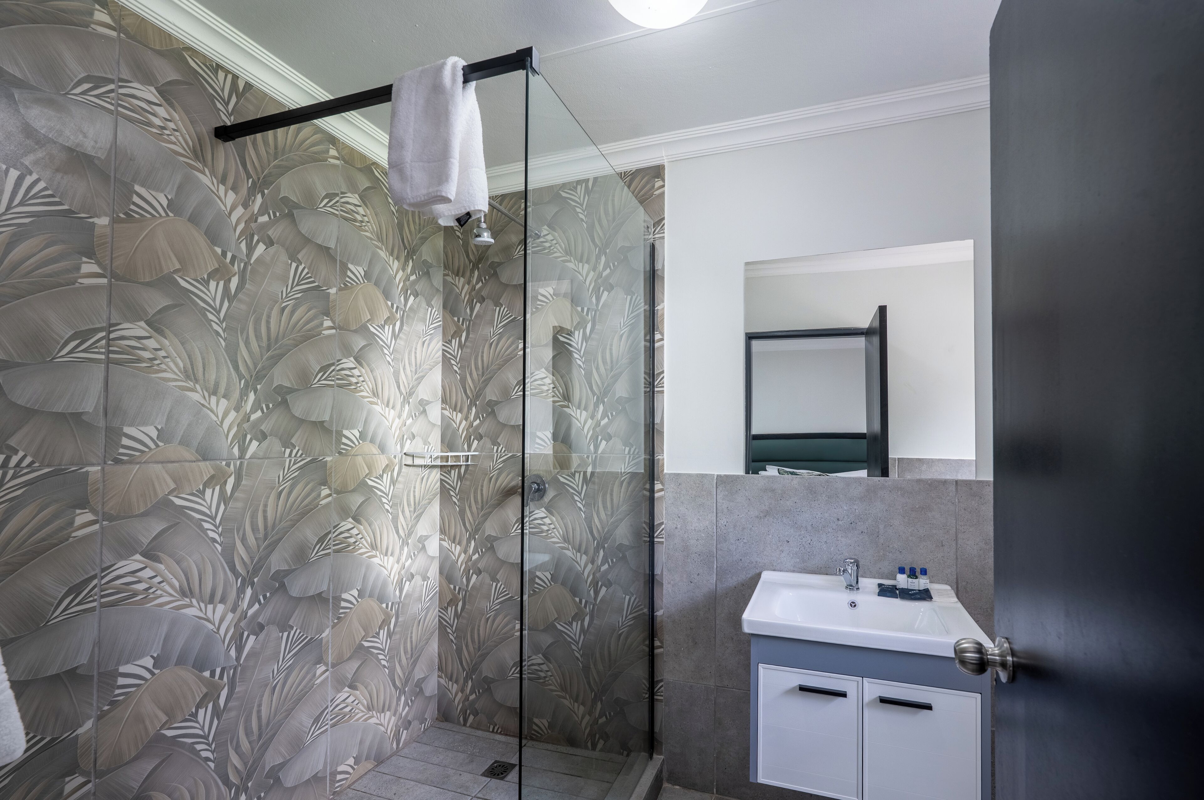 Une salle de bain moderne avec une douche à parois de verre, un lavabo blanc et un miroir au-dessus.