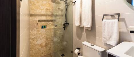 Une salle de bain moderne avec une douche à parois de verre, des toilettes et un lavabo.