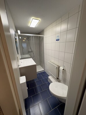 Douche, serviettes fournies, savon, papier toilette