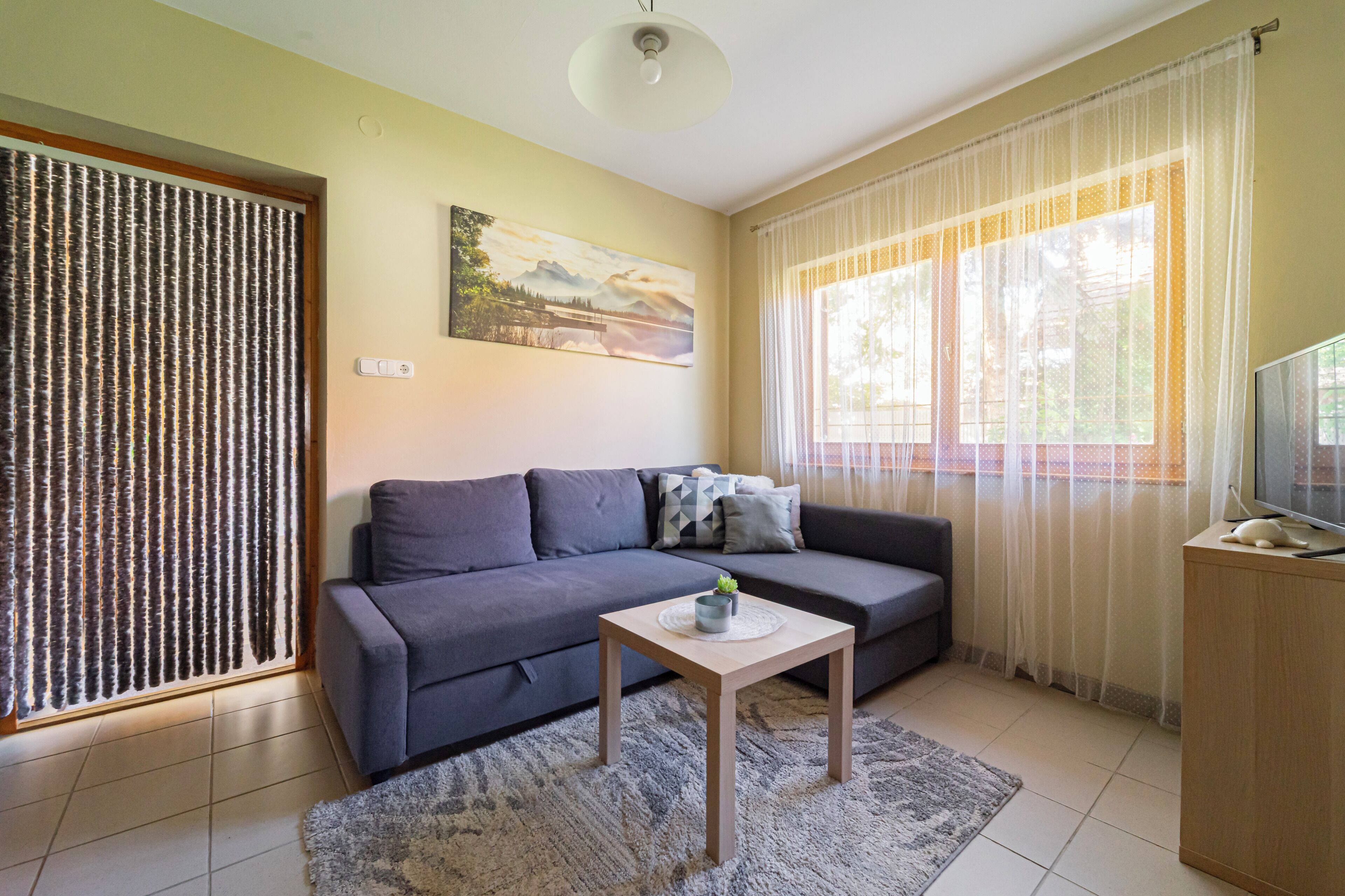 Ein Wohnzimmer mit Sofa, einem kleinen Tisch, einer TV-Konsole, einem Bild und einem Fenster mit Vorhängen.