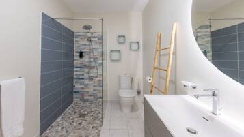 A modern bathroom with a shower, toilet, and a large mirror.