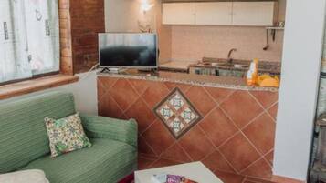 TV, caminetto, lettore DVD, impianto stereo