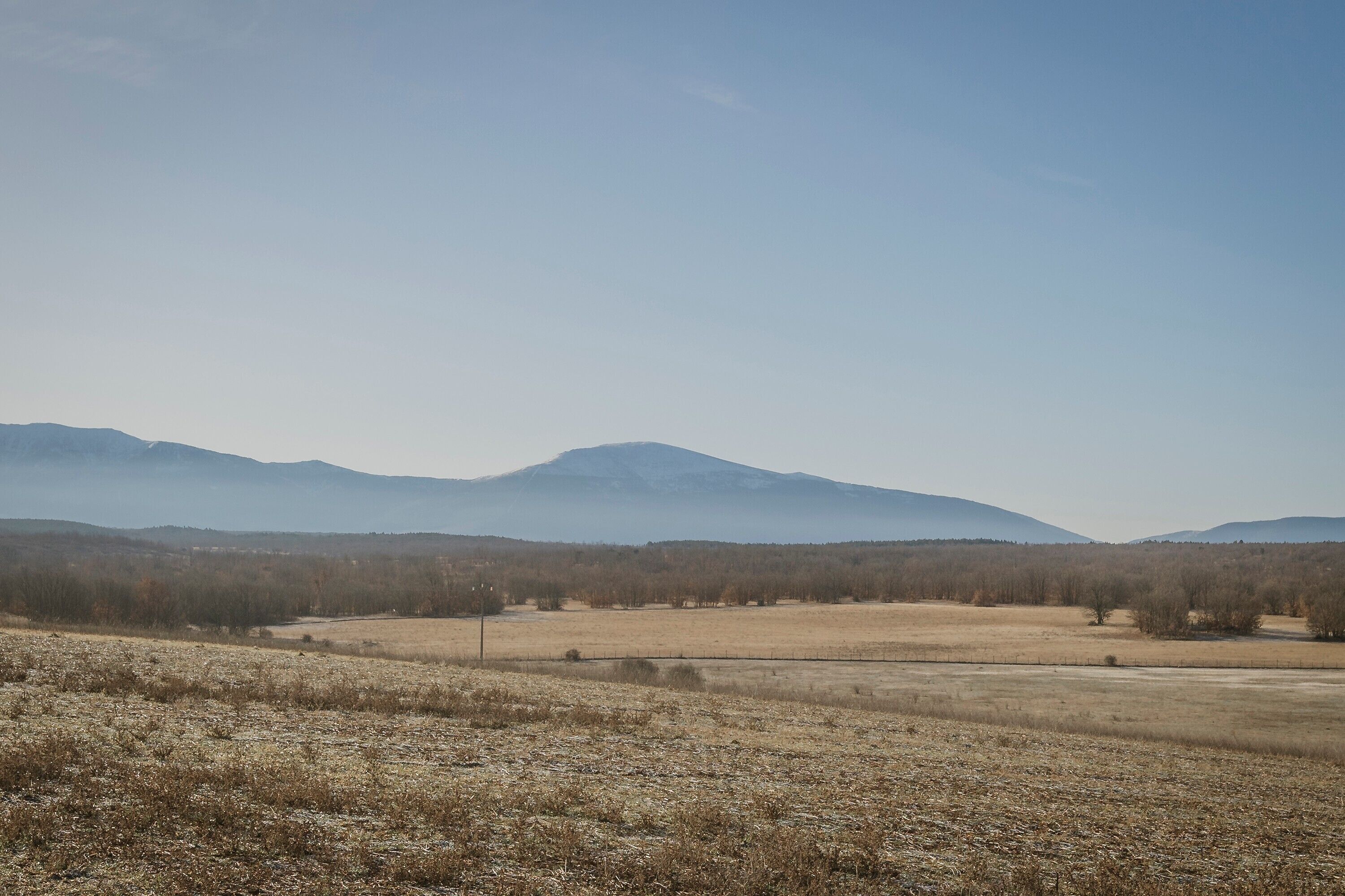 Un paysage plat, avec des montagnes à l’horizon et une végétation clairsemée.