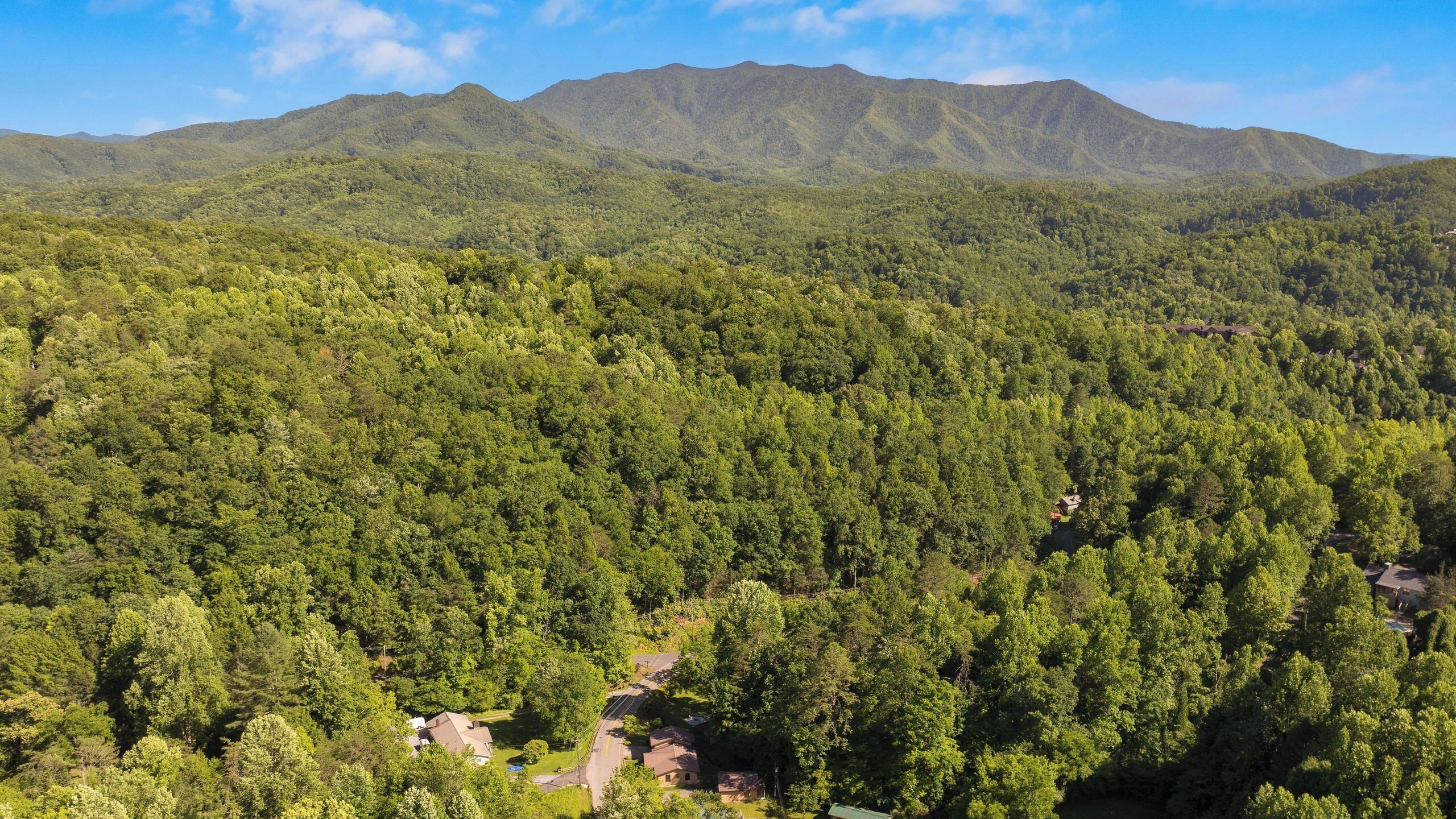 A forested mountain area with scattered buildings.