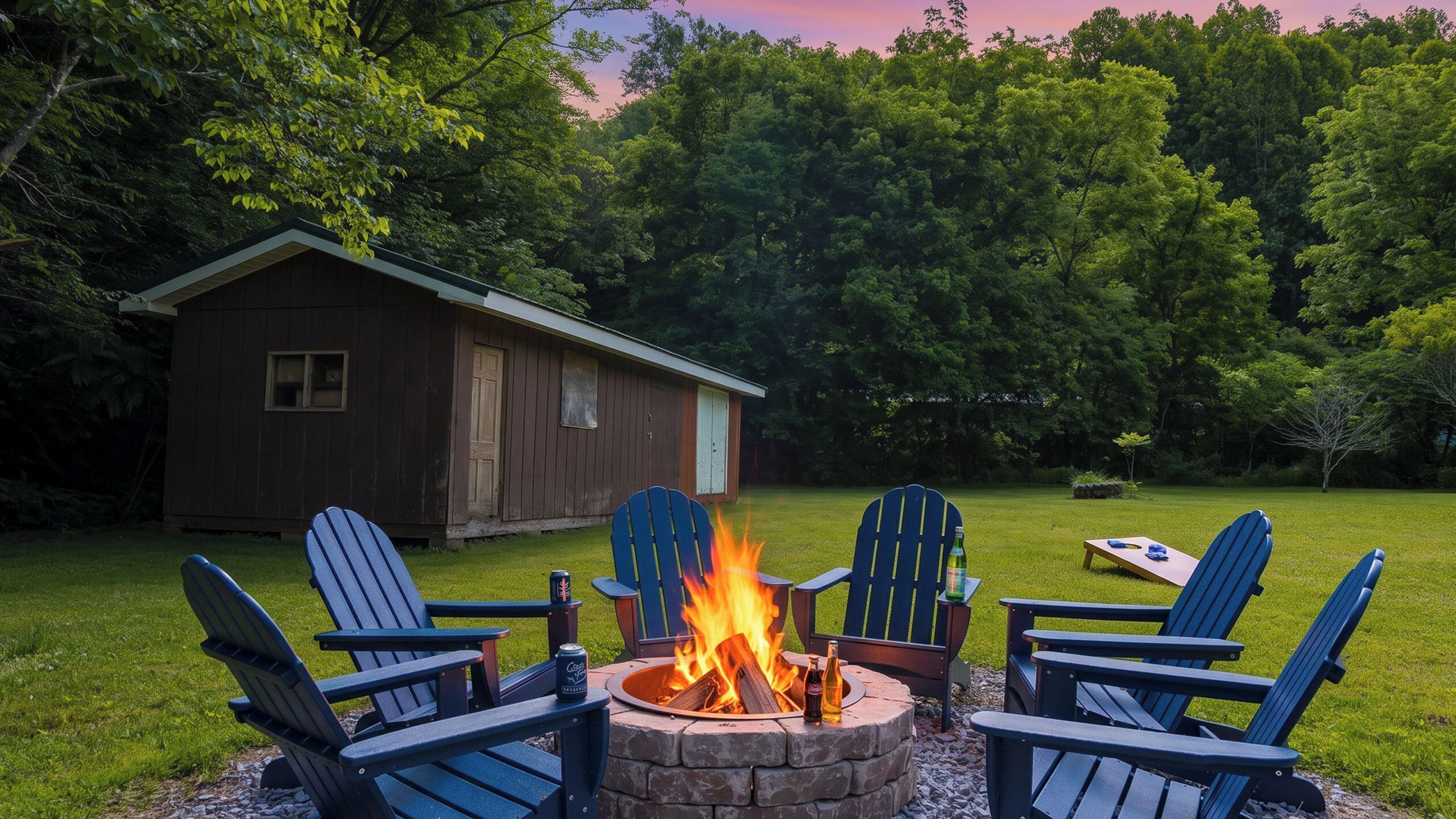 A backyard with a fire pit, Adirondack chairs, and a small shed.