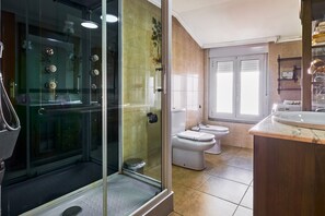 Shower, hair dryer, towels
