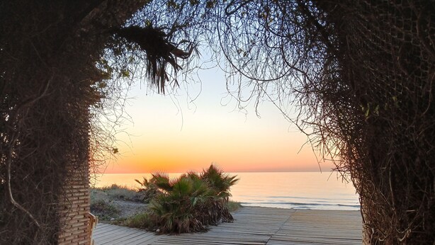 Un sentier en bois mène à une plage d’où l’on peut admirer le coucher de soleil sur l’océan.