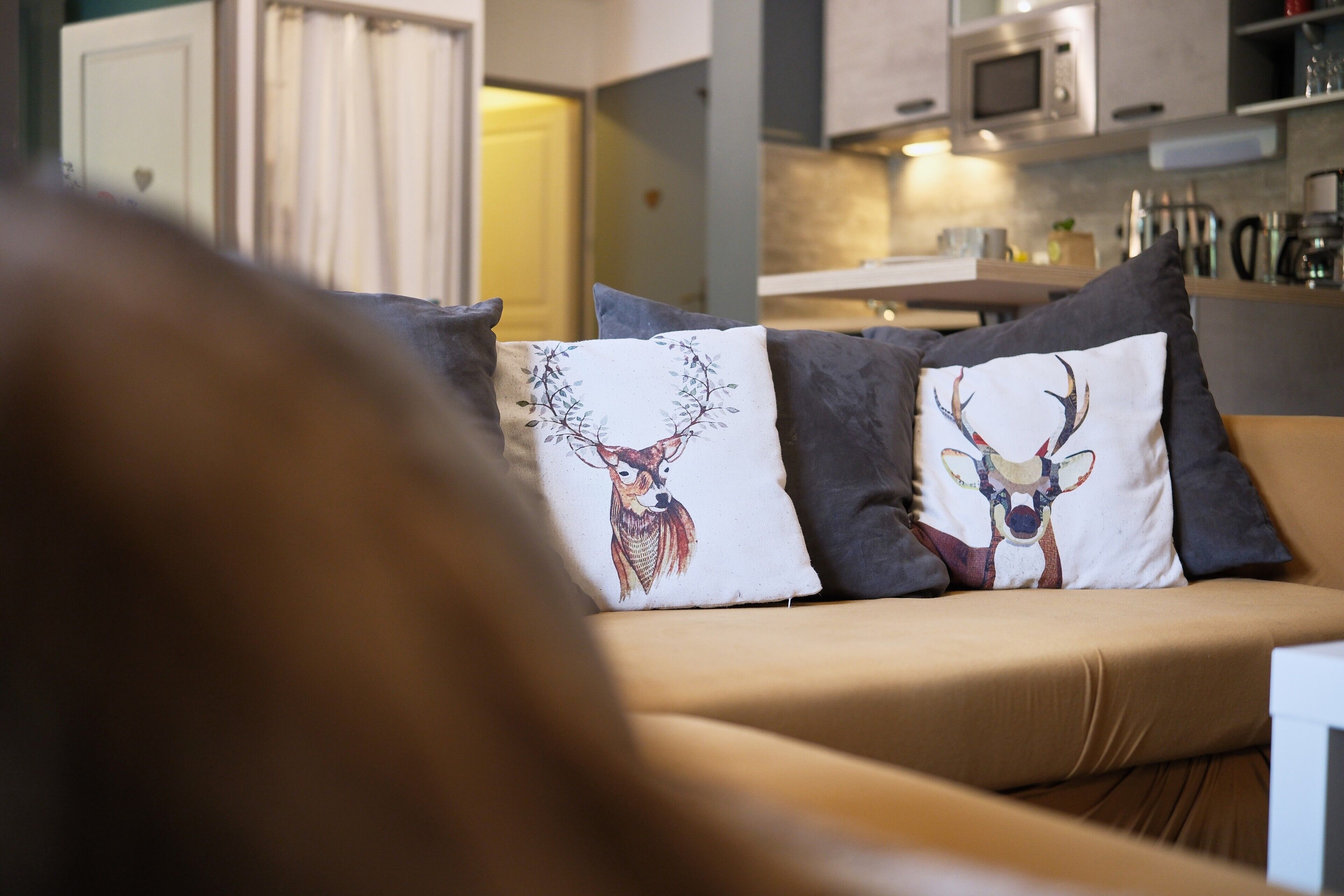 Ein Wohnzimmer mit einer Couch, zwei Zierkissen und einer Küche im Hintergrund.