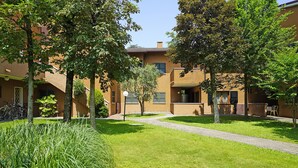 Une cour avec un chemin pavé, des arbres et un bâtiment doté de nombreuses fenêtres et portes.