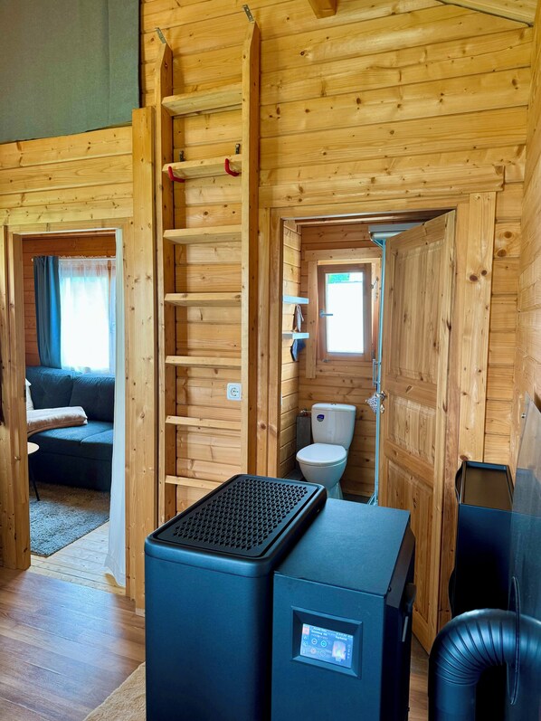 A wooden cabin with a sauna, a small bathroom, and a living area with a sofa and a table.