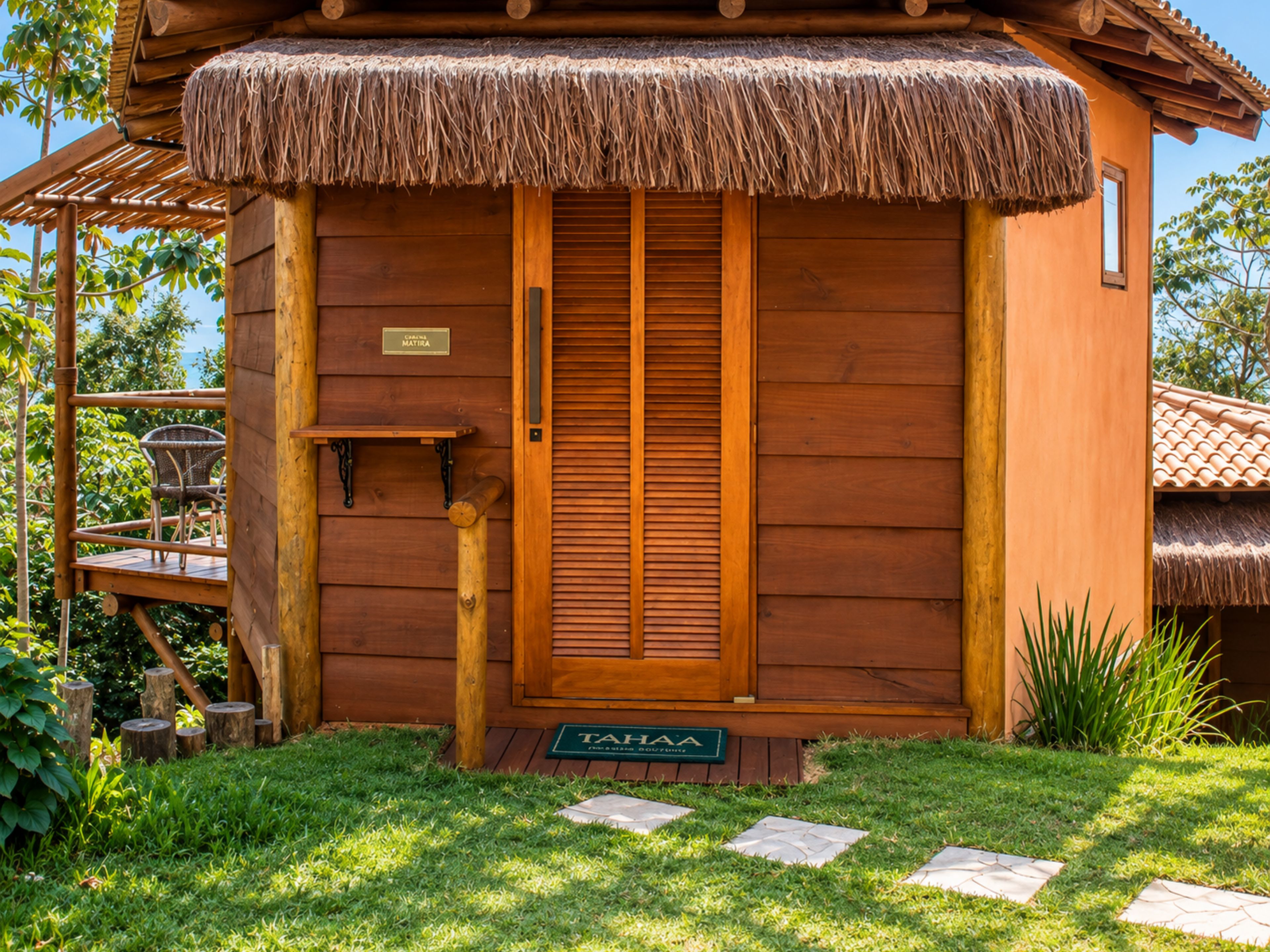 Una construcción de madera con techo de paja, puerta de madera y un letrero que dice 'TAHIAA'.