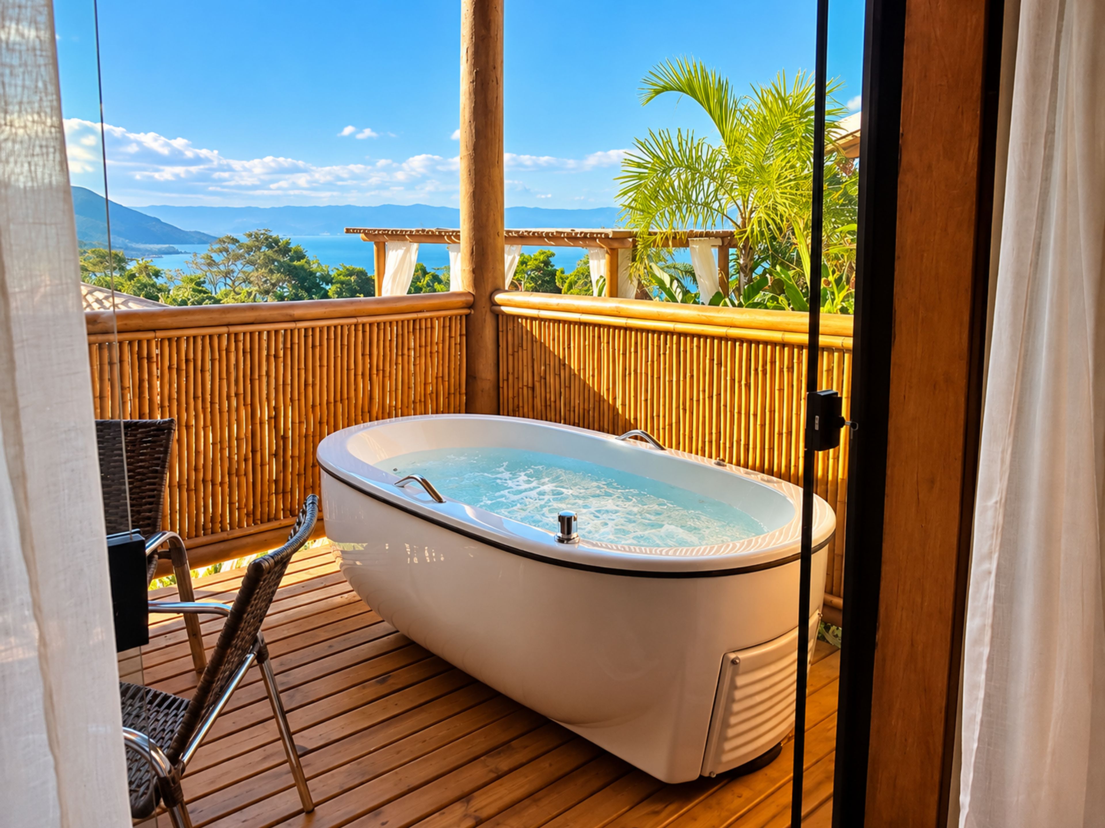 Una vasca idromassaggio su un pontile di legno con vista sull'oceano e sulle montagne.